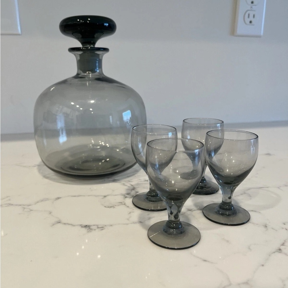 Vintage Elegant Smokey Gray Glass Decanter Set Mcm smoked